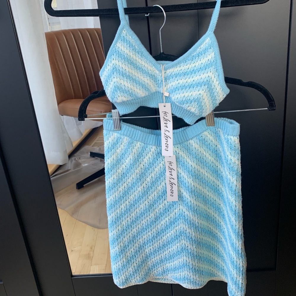 For Love And Lemons Light Blue and White Knit Top
